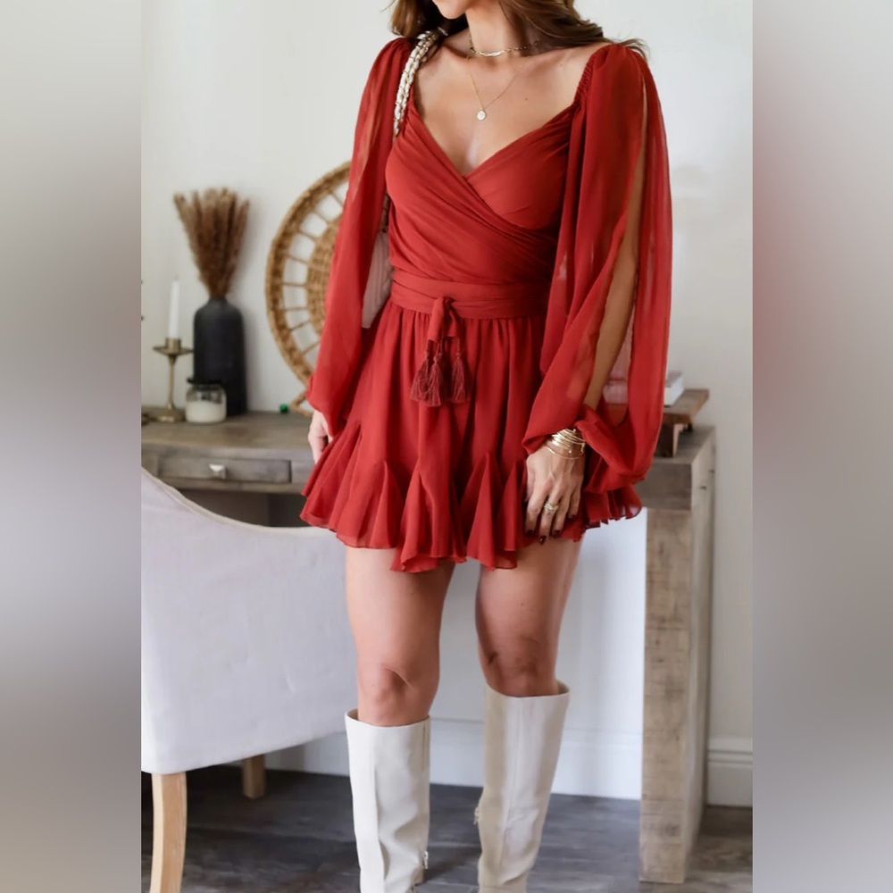 Ohm Boutique Red Chiffon Dress with Open Sleeves